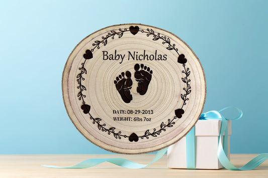 Personalized 12-14 Inch Wood Round Slice with Baby Name, Birth Date, and Birth Weight